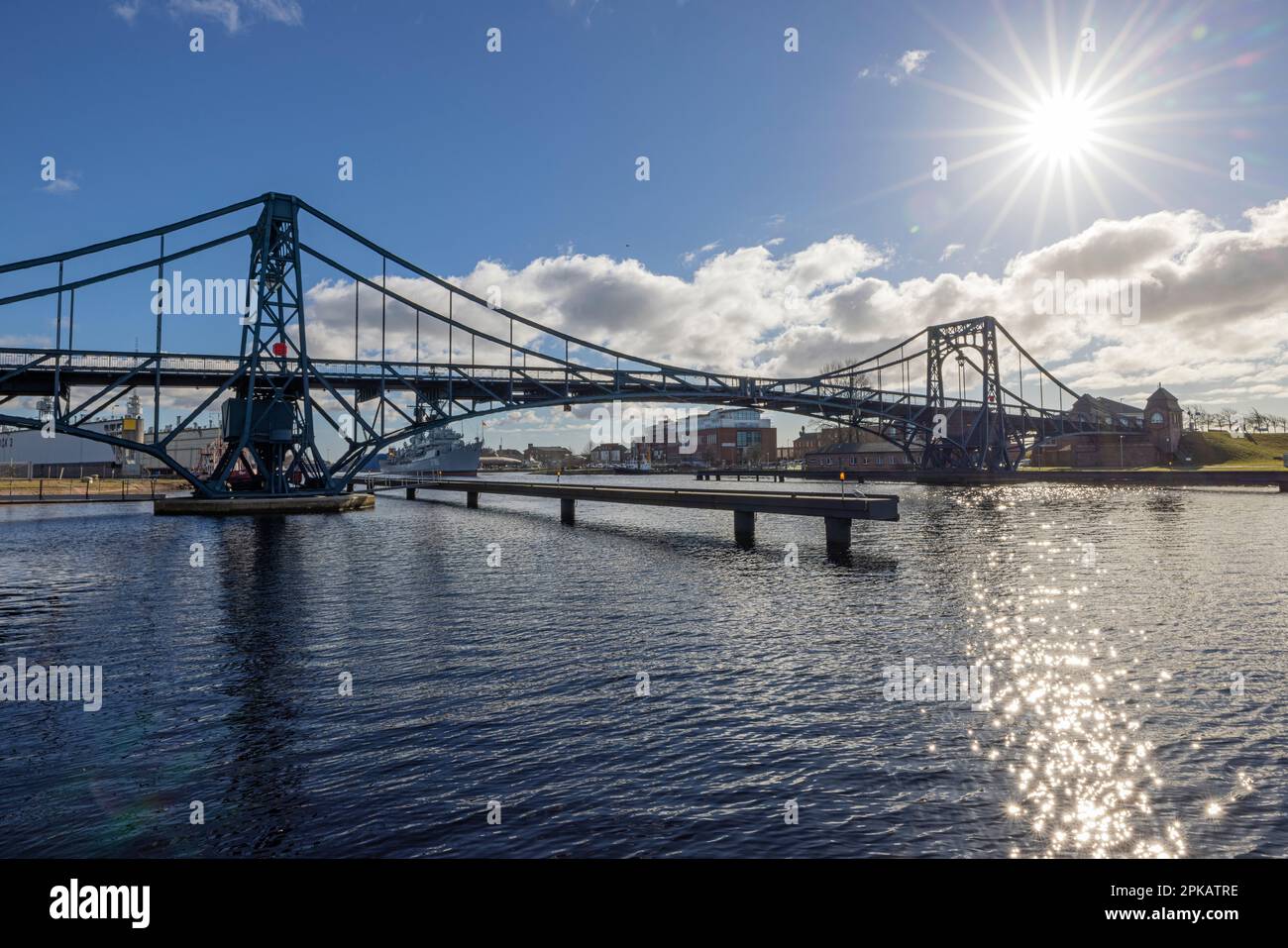 Backlight shot, big harbour, Kaiser-Wilhelm-Bridge, Wilhelmshaven, Lower Saxony, Germany Stock Photo