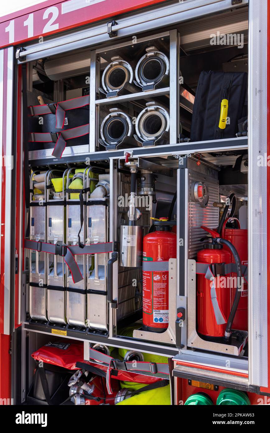 Fire engine, equipment, detail, open day at the volunteer fire