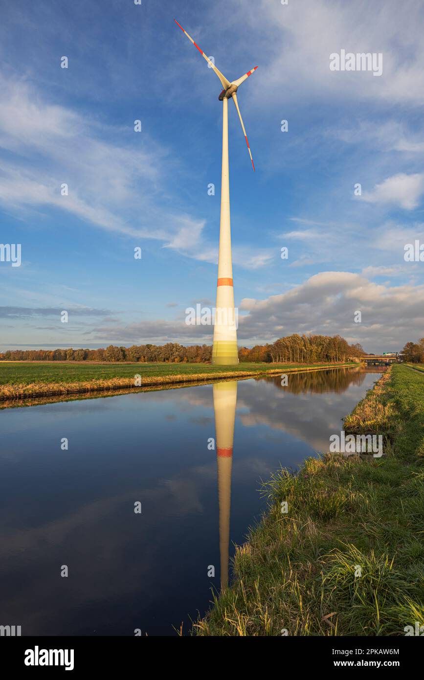 Autumn atmosphere, wind turbine at the Ems-Jade canal, owned by Friesen-Elektra II GmbH & Co. KG, in Sande, municipality in the district of Friesland, Lower Saxony, Germany Stock Photo