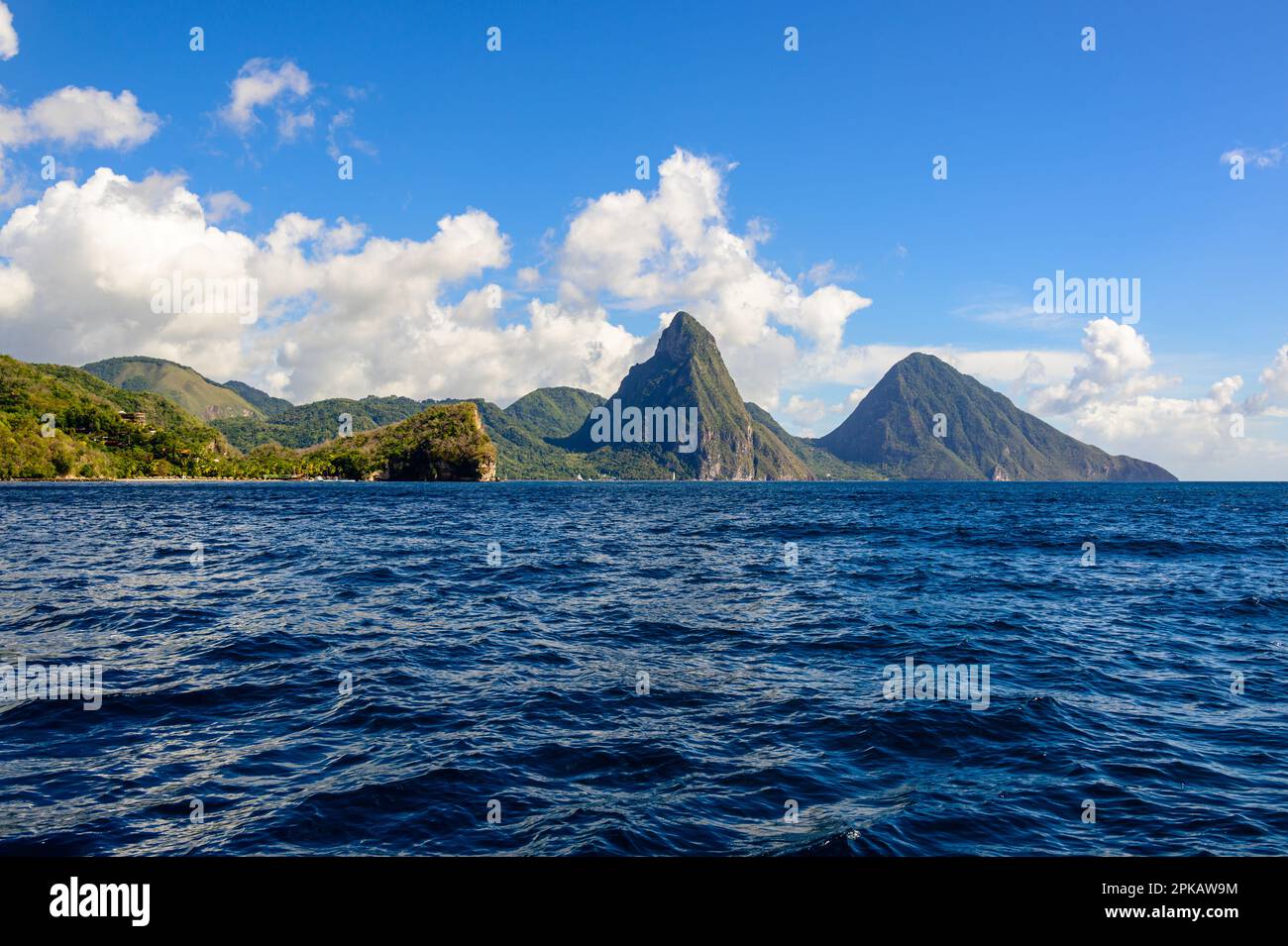 Famous St Lucia Twin Pitons in Soufriere captured from the Caribbean