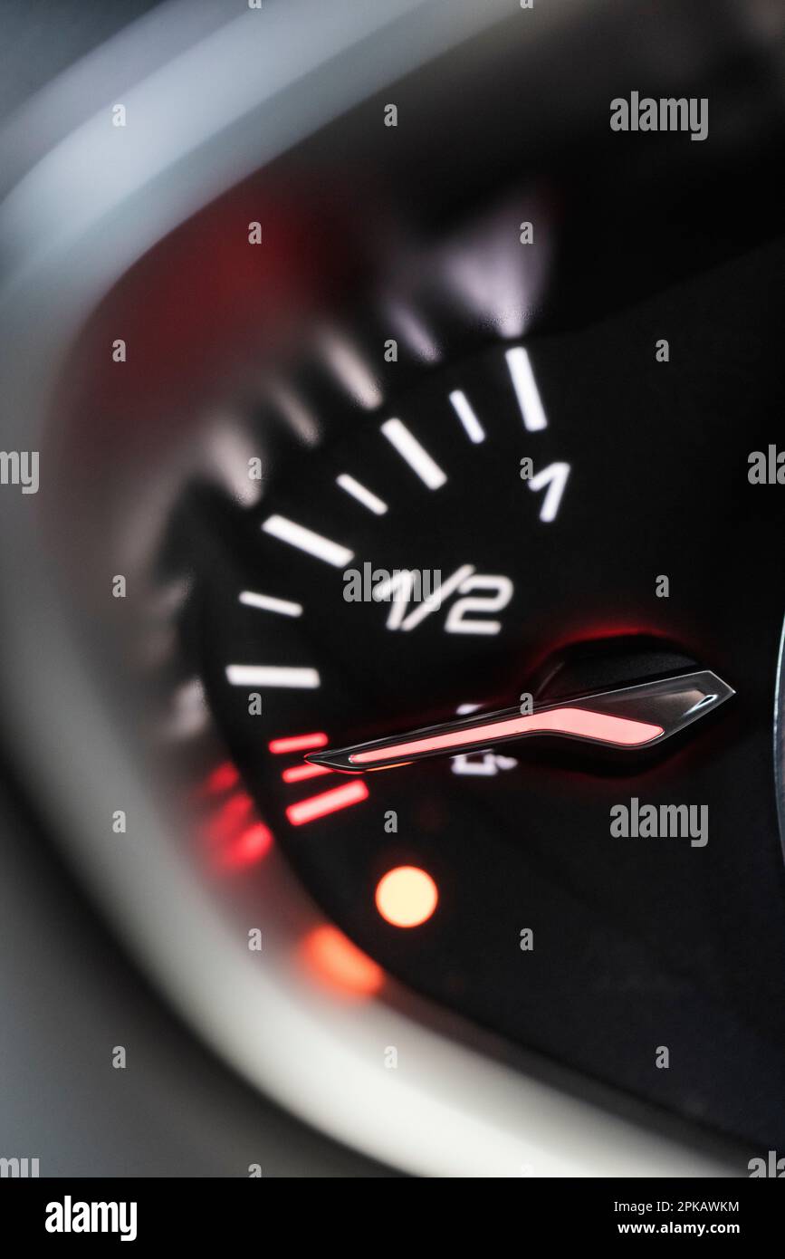 Warning indicator light fuel level too low, car, Peugeot 308, icon image, fuel gauge lights, Stock Photo