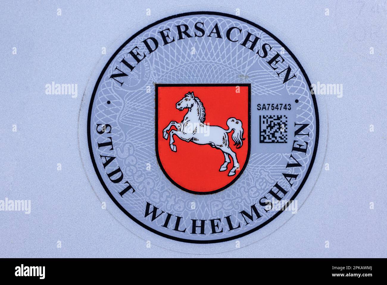 Registration sticker of the city of Wilhelmshaven, on the rear license plate, Wilhelmshaven, Lower Saxony, Germany Stock Photo