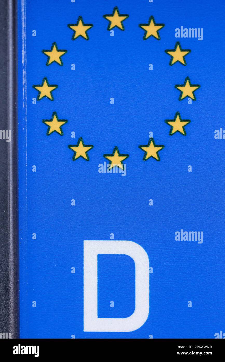 EU license plate, detail, blue stripe, stars, letter D for Germany, on the left edge of the license plate, Stock Photo
