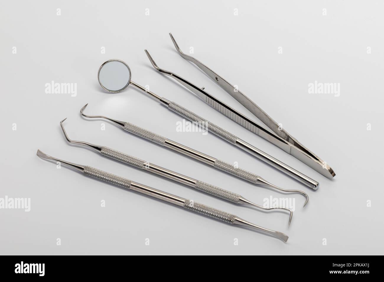 Dental dental care set, dentist instruments, white background Stock