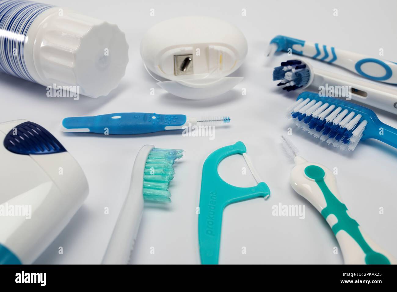 Various dental care products, toothpaste, mouthwash, toothbrush, tooth