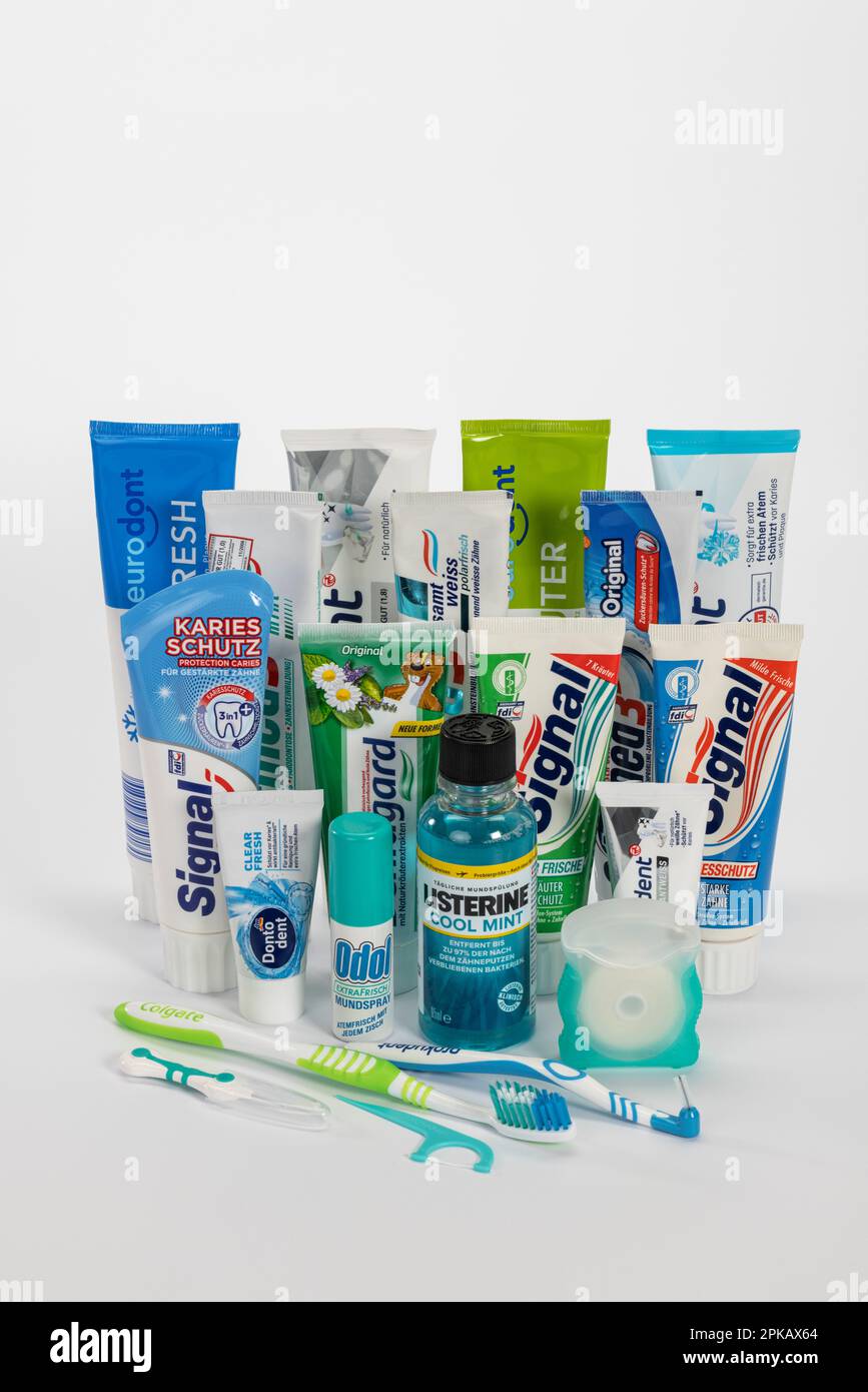 Various dental care products, toothpastes, mouthwash, dental stick