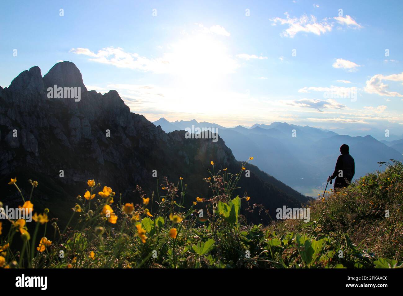 young woman hiking to the summit of Schneid (2009 m), Wängle near Reutte in Tyrol, Austria, Europe Stock Photo
