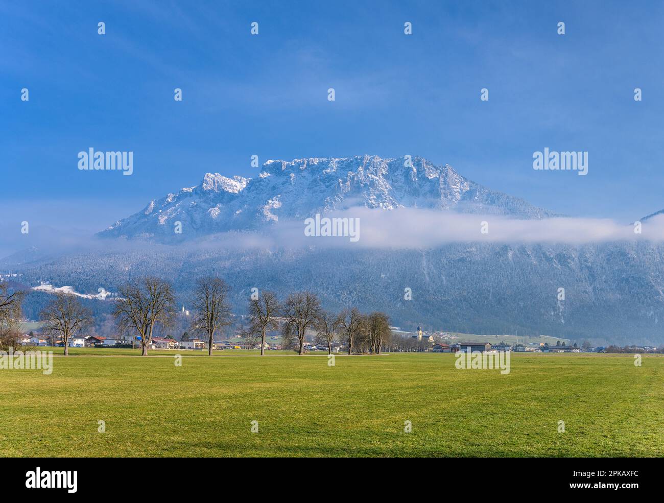 Austria, Tyrol, Lower Inn Valley, Ebbs, chestnut avenue with village view against Kaiser Mountains Stock Photo
