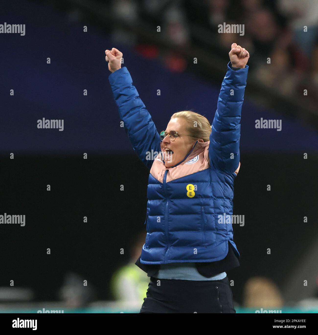 London, UK. 06th Apr, 2023. Sarina Wiegman (England manager) celebrates thge first England goal (1-0) at the England v Brazil UEFA Women's Finalissima 2023 match at Wembley Stadium, London, UK on 6th April, 2023. Credit: Paul Marriott/Alamy Live News Stock Photo