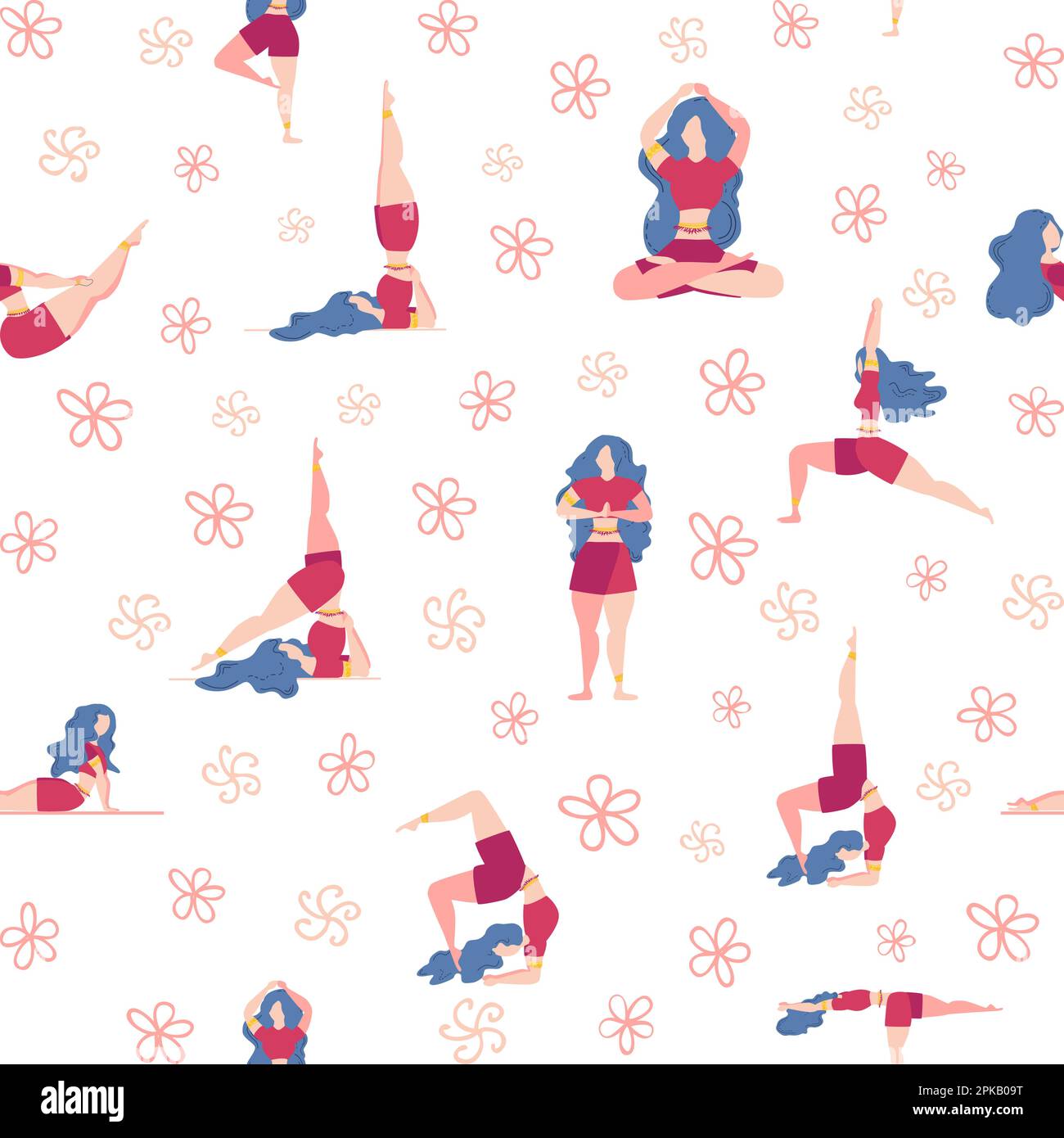 Yoga seamless pattern woman is engaged. Yoga poses, lotus, monstera ...