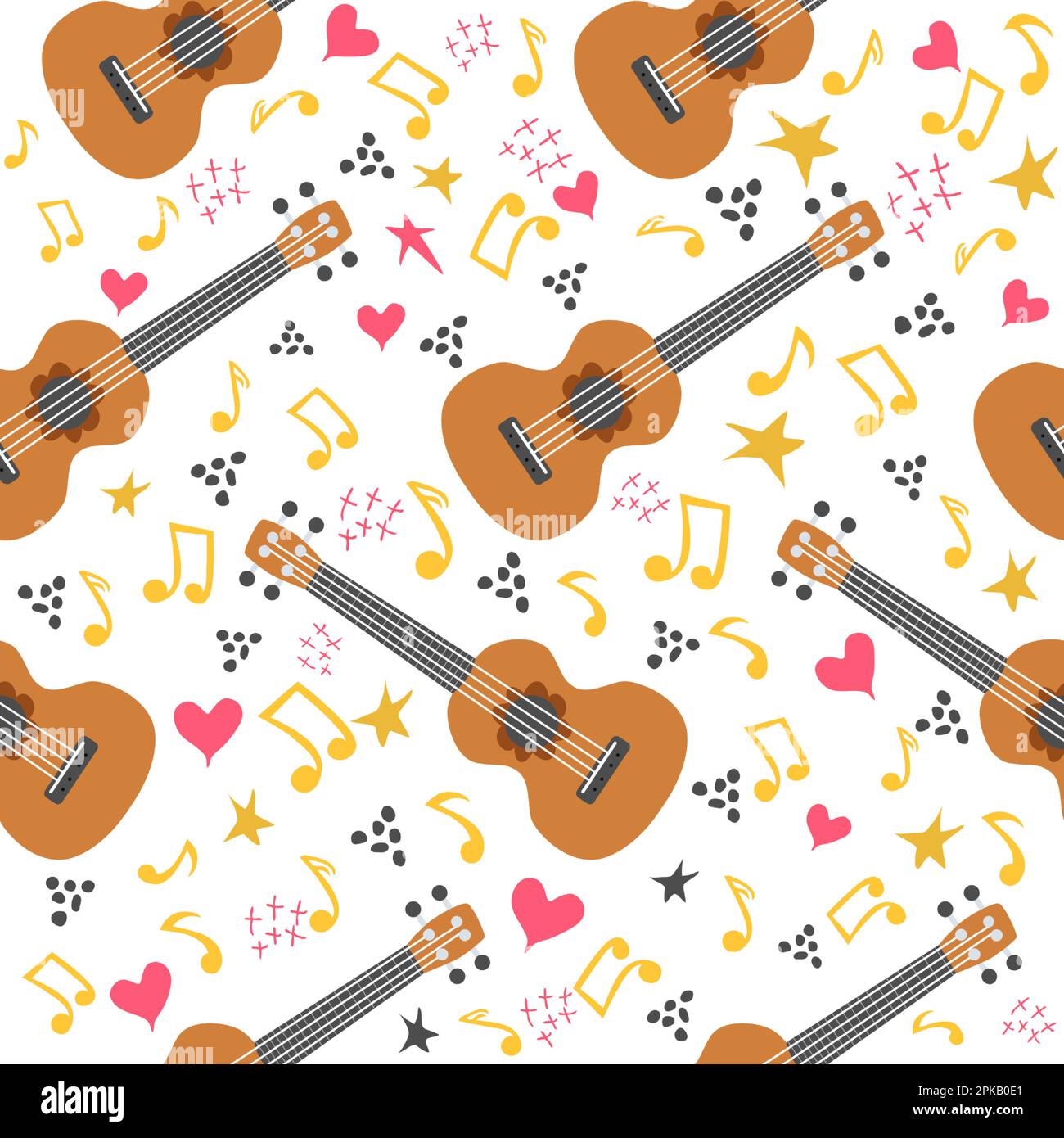 Ukulele seamless pattern, ukulele. Pattern with monstera, leaves, flowers notes inscriptions Stock Vector