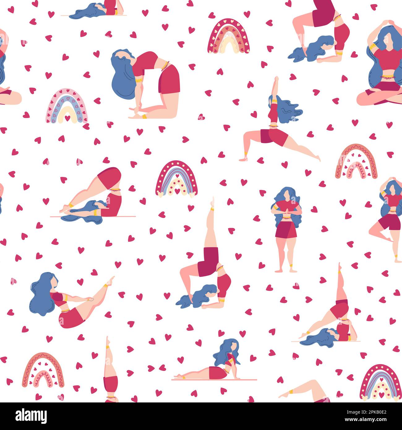 Yoga seamless pattern woman is engaged. Yoga poses, lotus, monstera ...