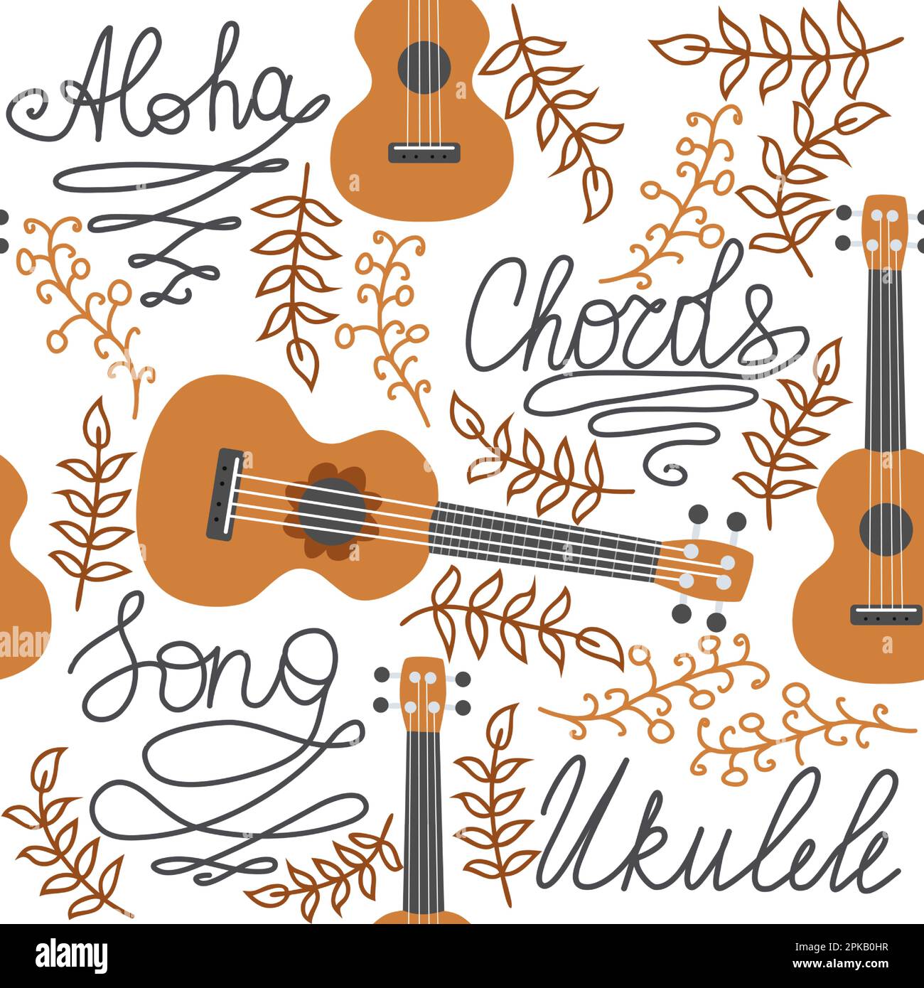 Ukulele seamless pattern, ukulele. Pattern with monstera, leaves, flowers notes inscriptions Stock Vector