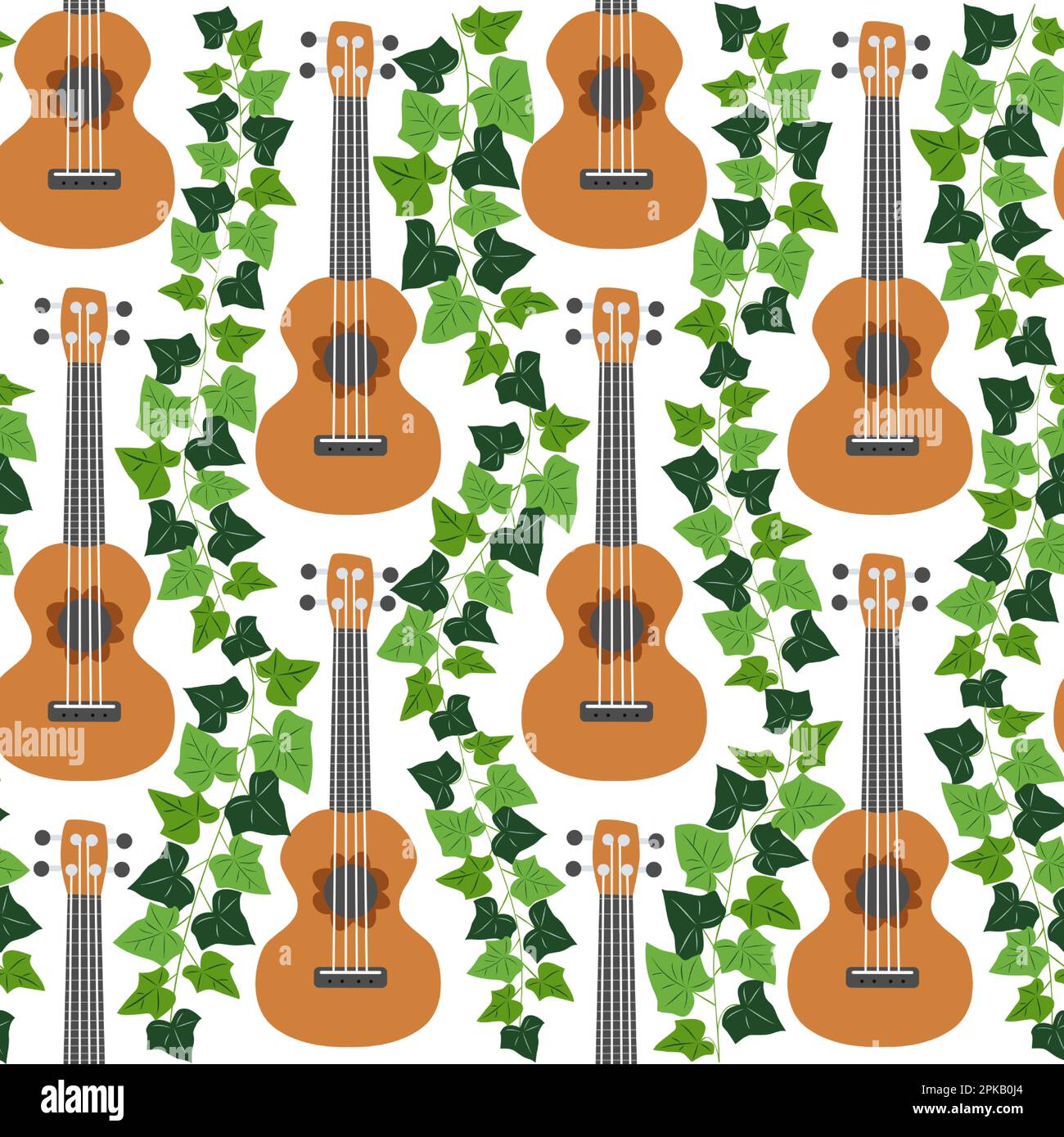Ukulele seamless pattern, ukulele. Pattern with monstera, leaves, flowers notes inscriptions Stock Vector