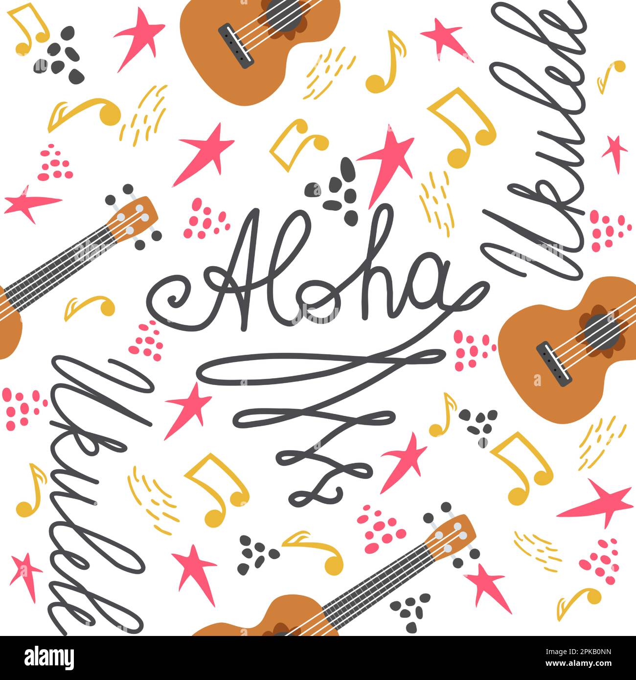 Ukulele seamless pattern, ukulele. Pattern with monstera, leaves, flowers notes inscriptions Stock Vector