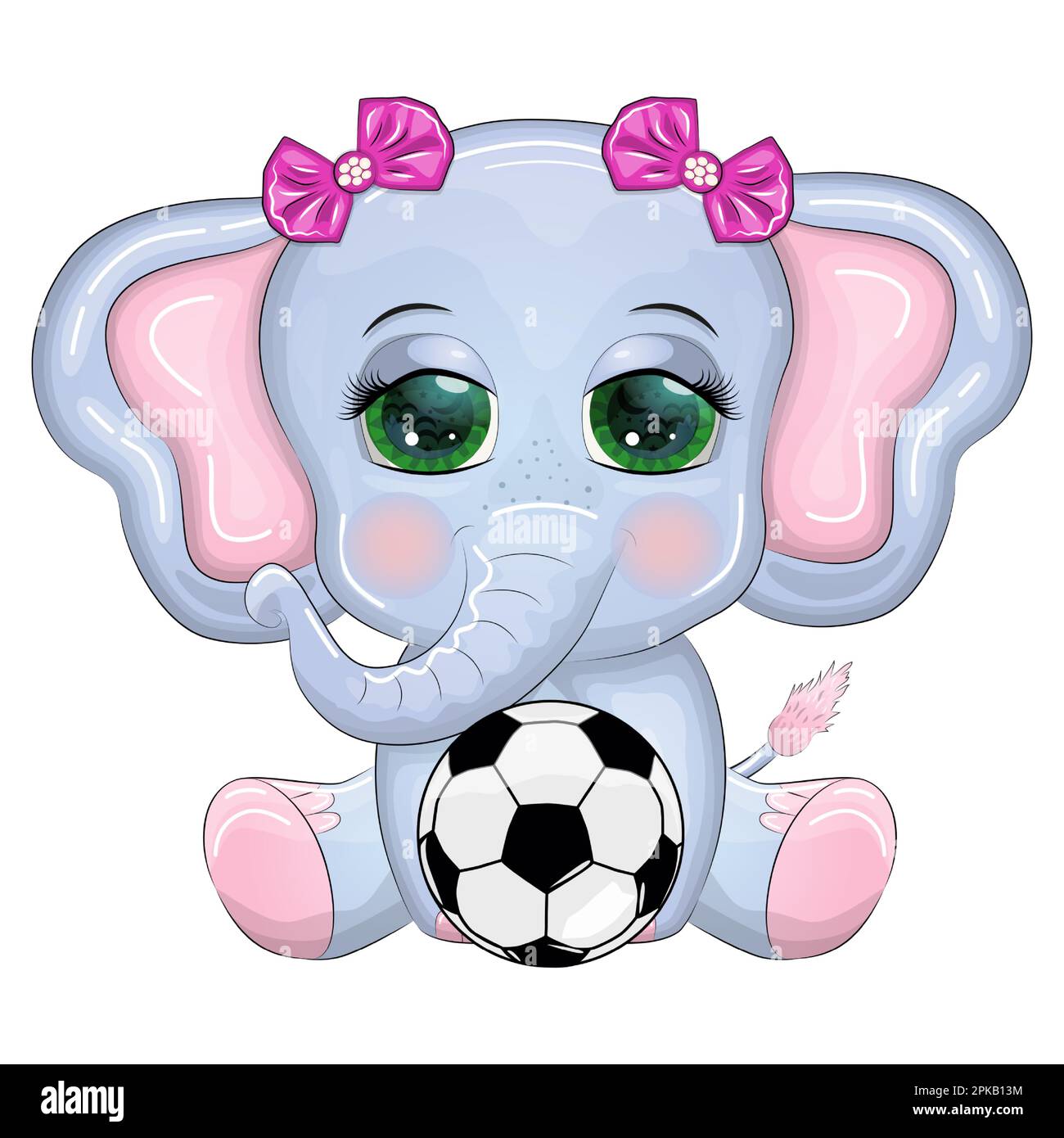 Cute cartoon elephant, children's character with beautiful eyes with a soccer ball, games for children and adults. Stock Vector