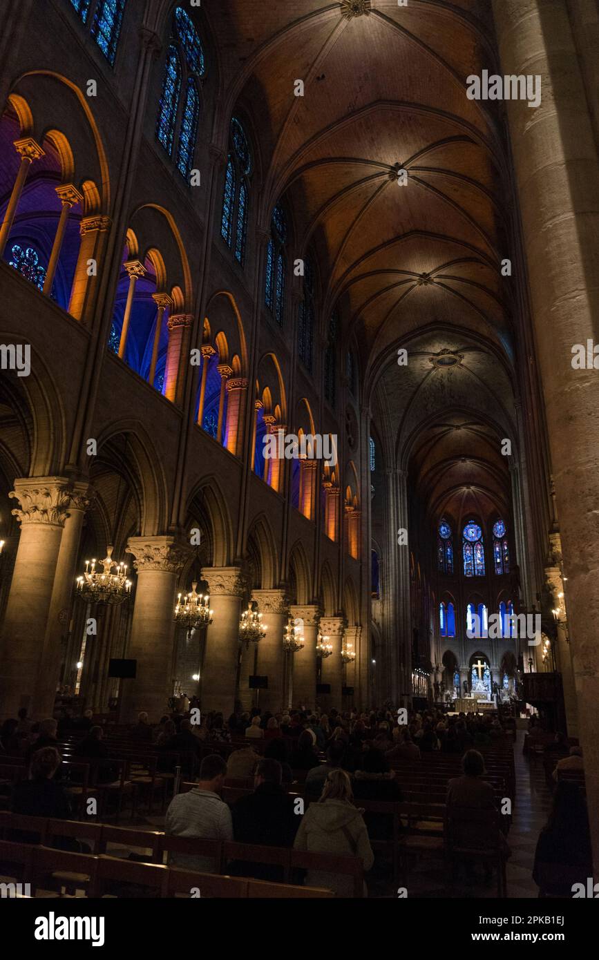 Artistic light installation inside the Notre Dame Cathedral in Paris