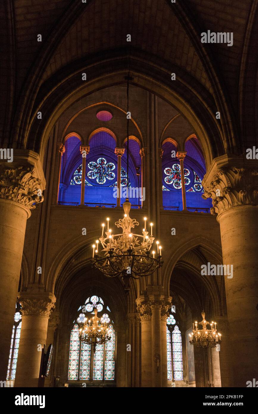 Artistic light installation inside the Notre Dame Cathedral in Paris