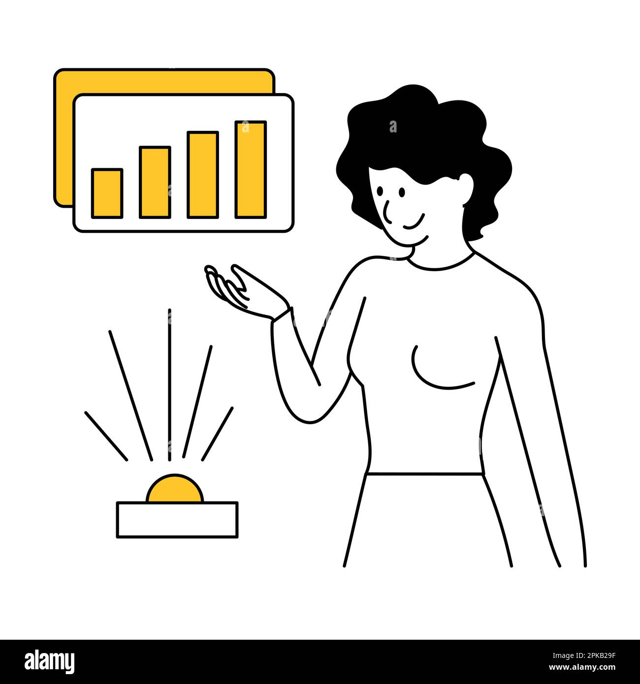 Business marketing or woman analytics and data analysis. A pretty woman holds a projection of interfaces with a graph in her hands. Thin line vector i Stock Vector