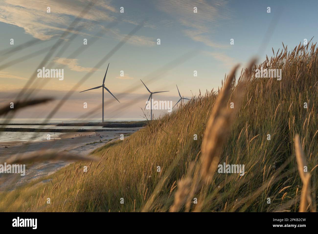 Denmark, Hvide Sande, coast, sea, wind turbines, energy production, sustainable, energy transition, background focus Stock Photo