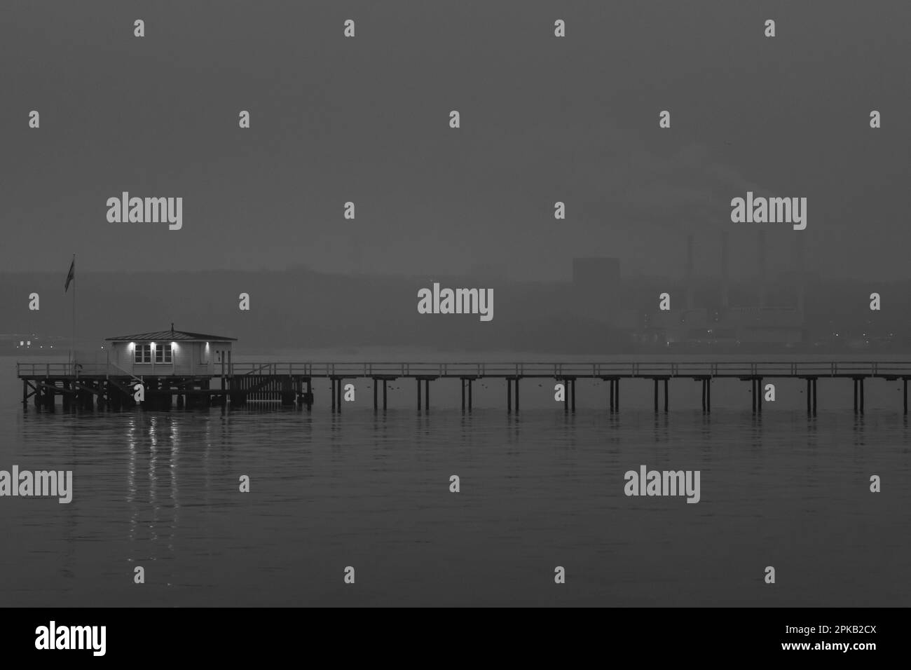 Foggy, black and white, dreary, gray, Kiel, house on jetty, Trist, Kiel, Kiel Fjord, Schleswig-Holstein, Germany Stock Photo