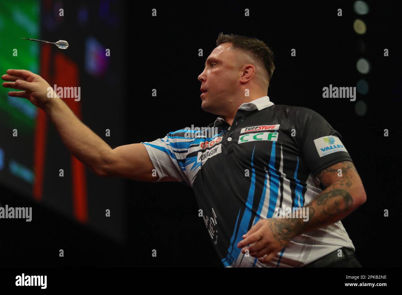Gerwyn Price throws a dart during the 2023 Cazoo PDC Premier League Darts Night 10 at Utilita
