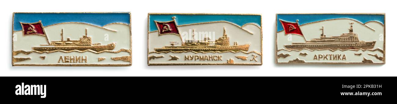 Nizhny Novgorod, Russia - Mar 06, 2023.: Badges dedicated to the history of the icebreaker fleet of the USSR. Inscriptions names of icebreakers: Lenin Stock Photo