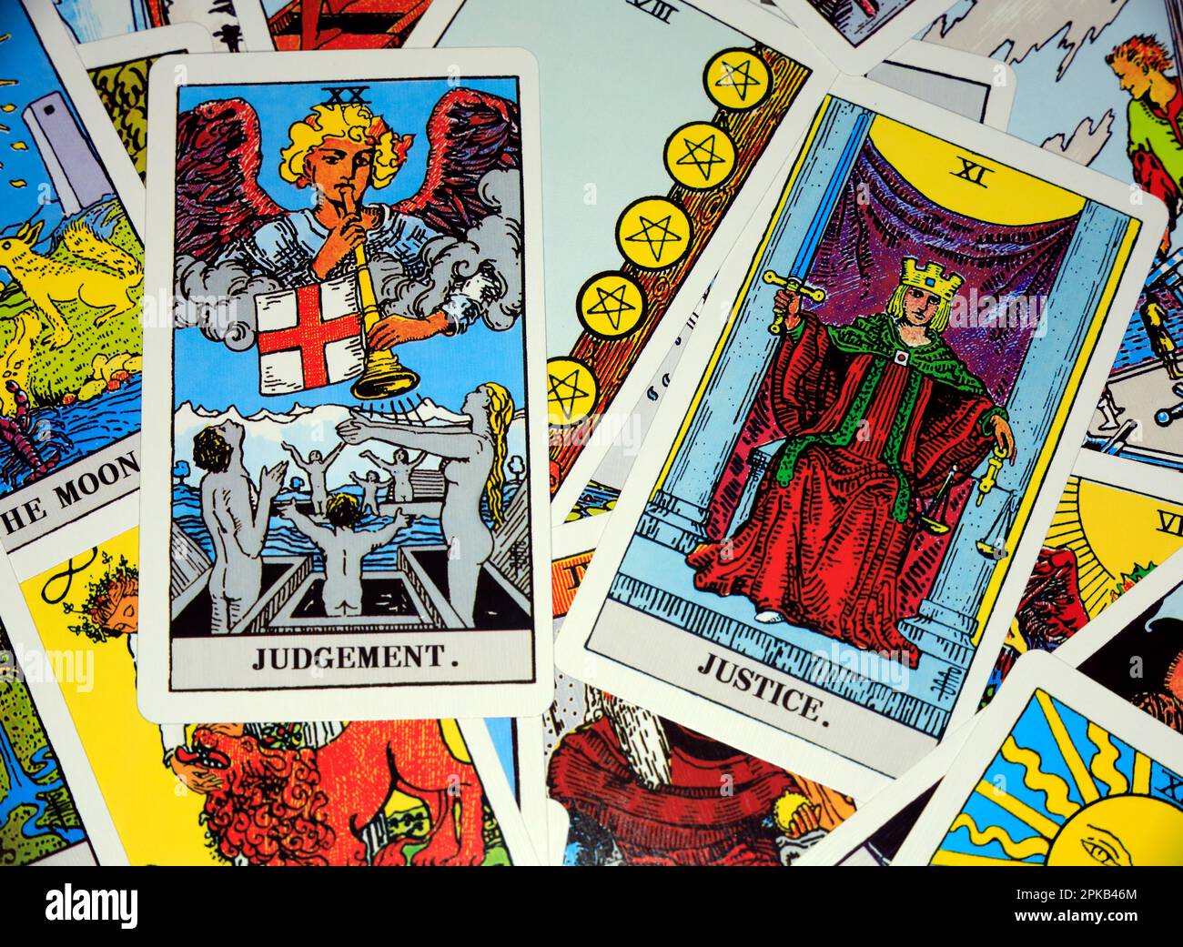 Tarot cards-scattered arrangement. Judgement and Justice cards prominent Stock Photo