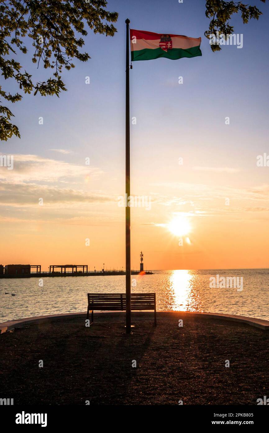 Beautiful morning sunrise at the harbor of Tihany at Balaton / Lake Balaton in Hungary Stock Photo