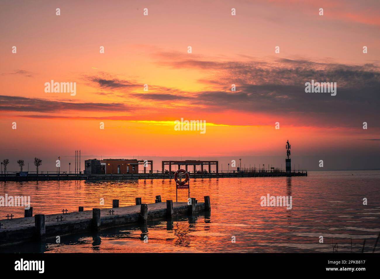 Beautiful morning sunrise at the harbor of Tihany at Balaton / Lake Balaton in Hungary Stock Photo