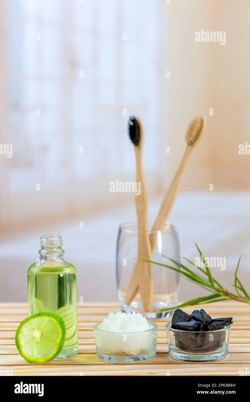Homemade toothpaste made from charcoal, coconut oil and lemon essential