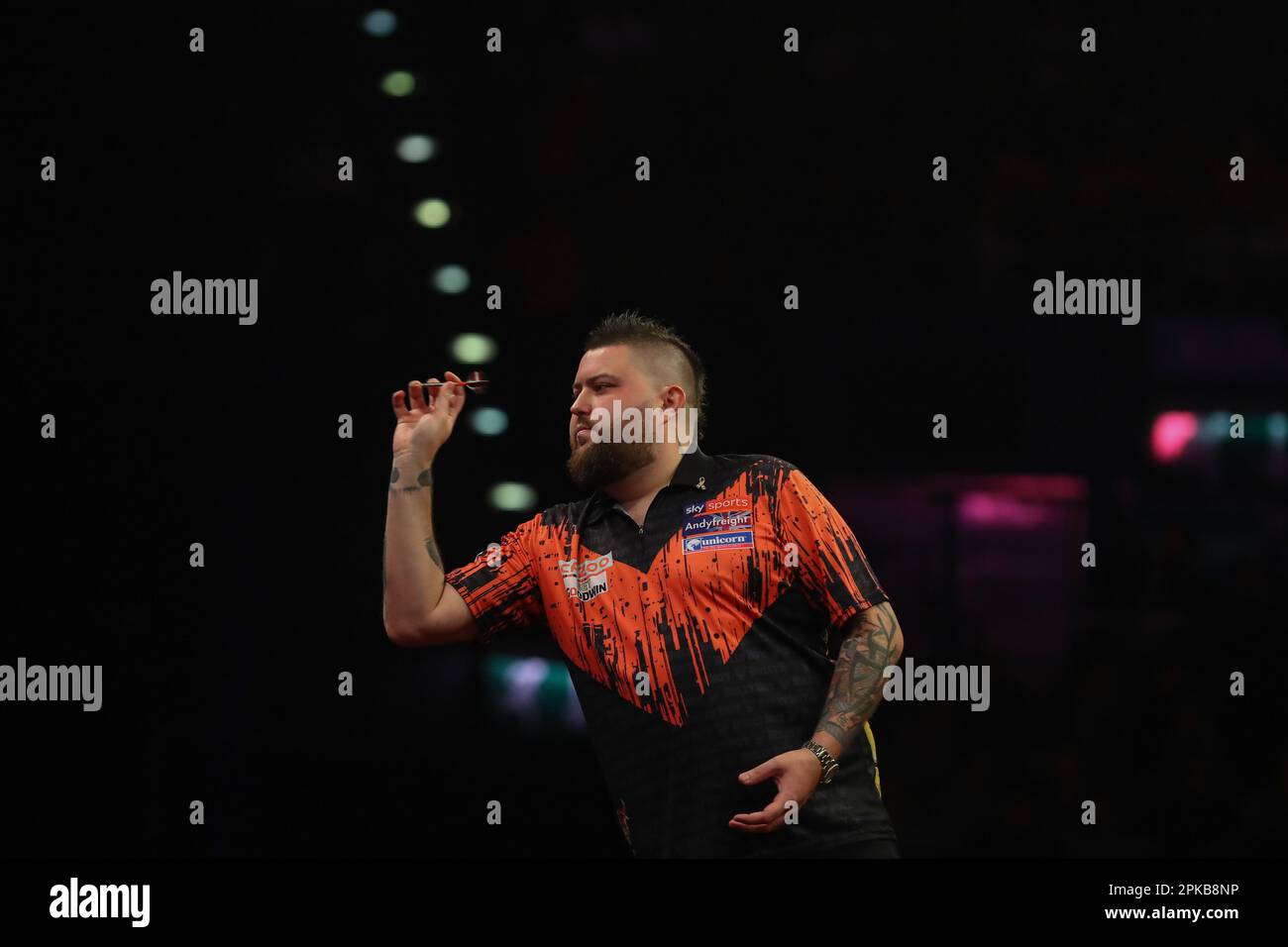 Michael Smith throws a dart during the 2023 Cazoo PDC Premier League