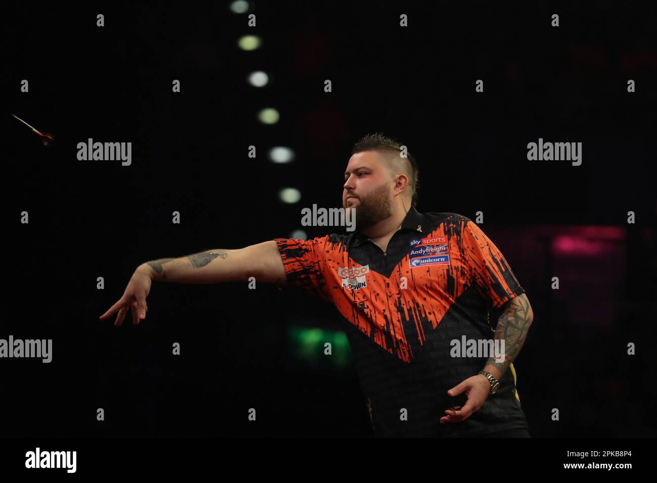 Michael Smith throws a dart during the 2023 Cazoo PDC Premier League