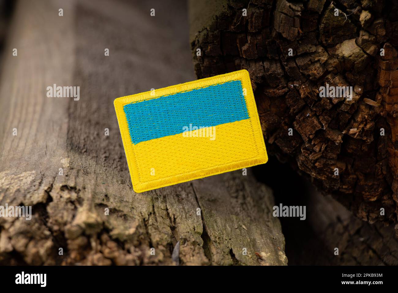 The flag of Ukraine lies on old wooden boards in the street close-up Stock Photo