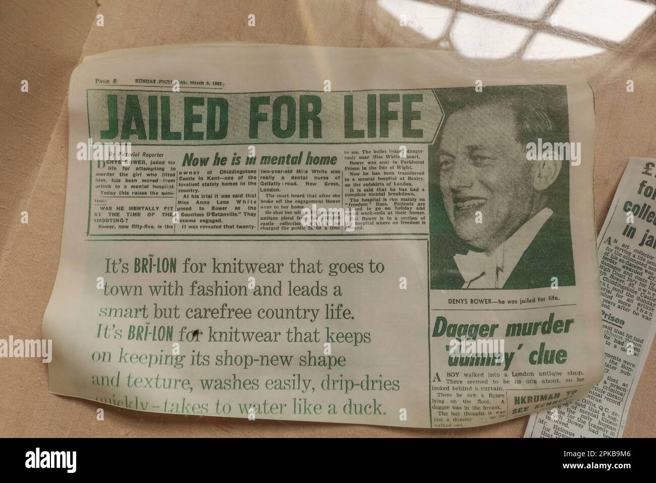England, Kent, Edenbridge, Chiddingstone, Chiddingstone Castle, Page from The Sunday Pictorial Newspaper dated March 8 1961 Reporting on the Jailing for Life of Denys Bower Stock Photo