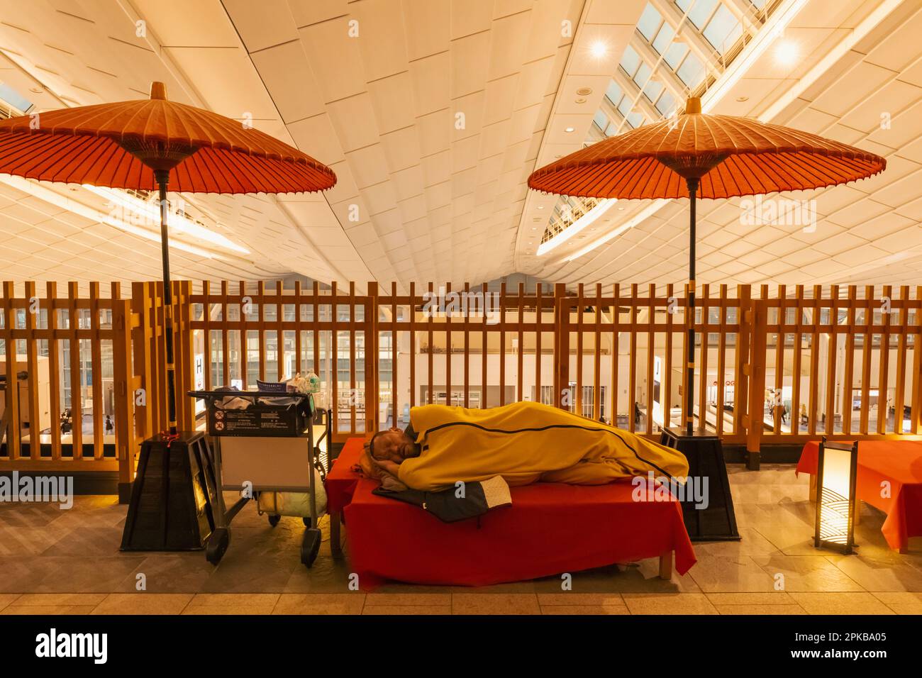 Japan, Honshu, Tokyo, Haneda International Airport, Man Sleeping Under