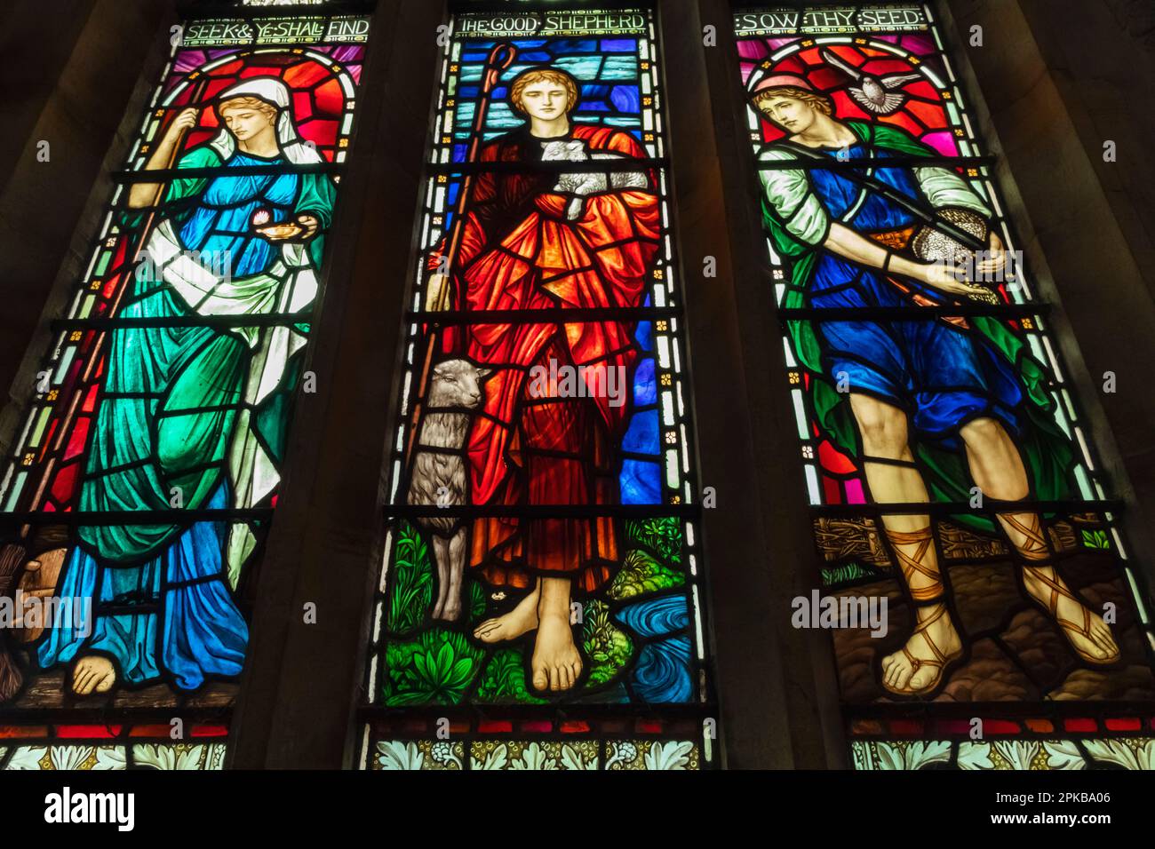 England, Dorset, Bridport, Symondsbury, St.John the Baptist Church, Stained Glass Window depicting Biblical Scenes Stock Photo