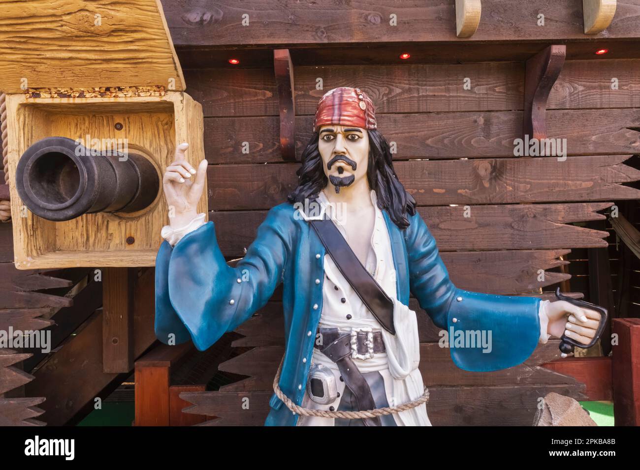 England, Dorset, Isle of Purbeck, Swanage, Amusement Park Johnny Depp Look a like Pirate Stock Photo