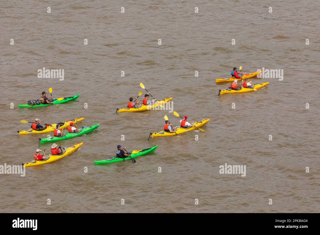 England, London, Colourful Group of Kayakers on River Thames Stock Photo