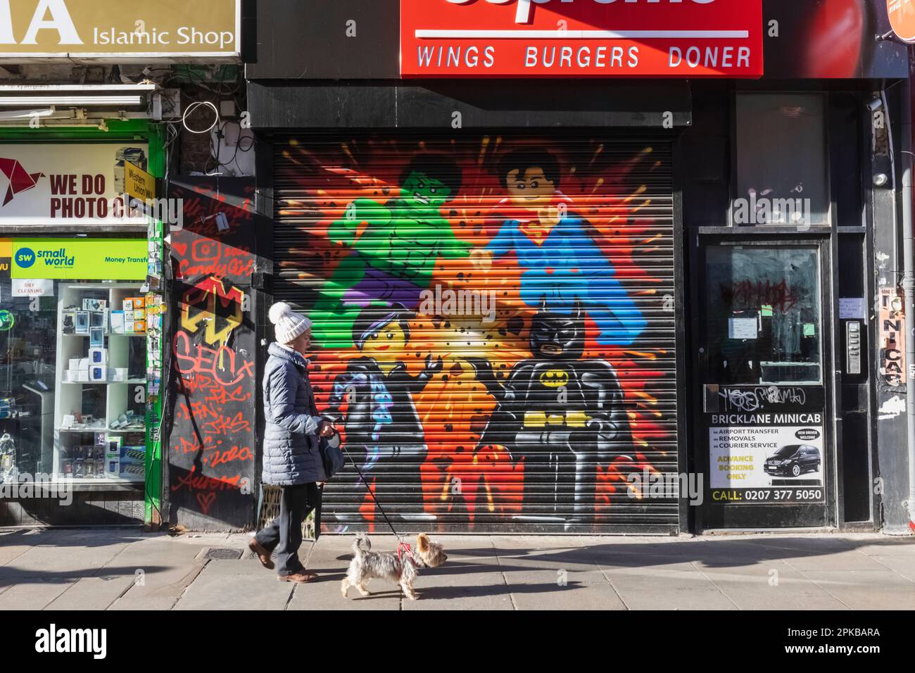 England, London, Spitalfields, Brick Lane, Colourful Street Art Stock Photo