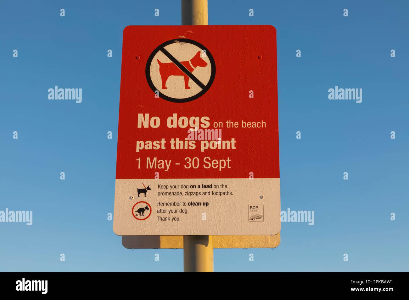 England, Dorset, Poole, Sandbanks Beach, Dog Walking Regulation Sign Stock Photo