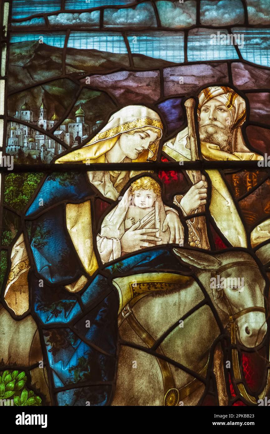 England, Dorset, Wareham, Lady St.Mary Church, Stained Glass Window depicting Biblical Scenes Stock Photo