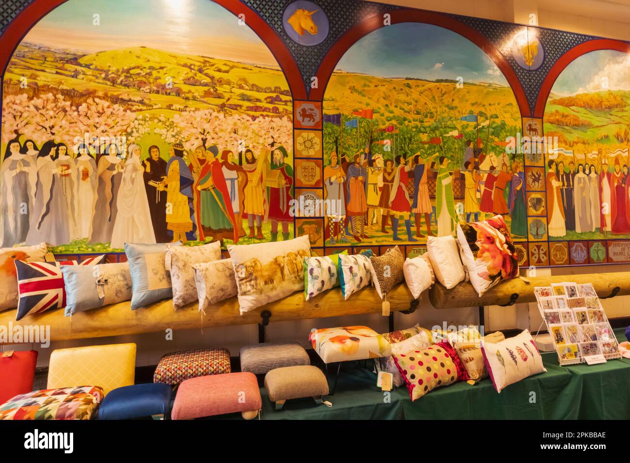 England, Dorset, Shaftesbury, Shaftesbury Town Hall, The Weekly Country Market, Display of Handmade Cushions Stock Photo