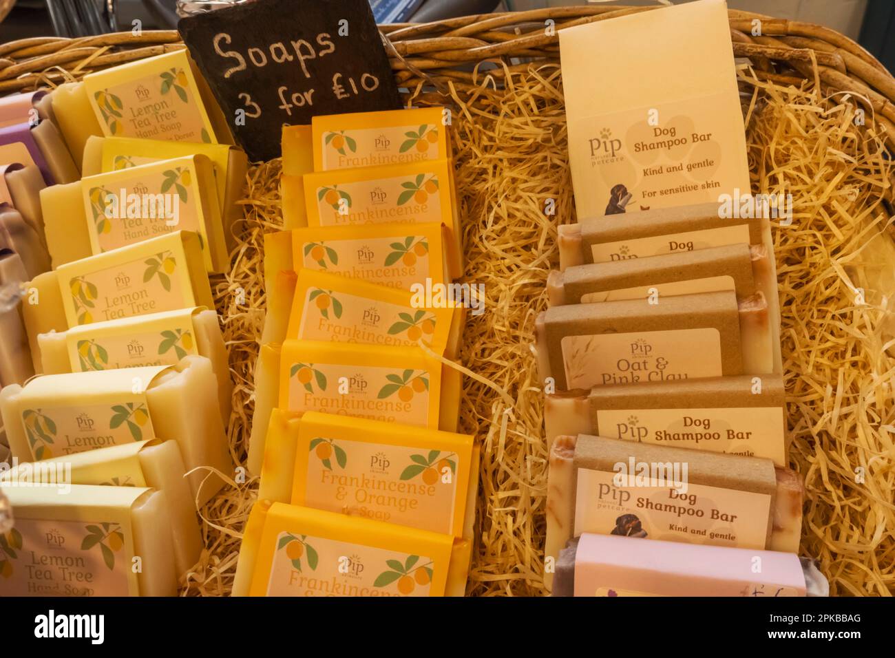 England, Dorset, Shaftesbury, Shaftesbury Town Hall, The Weekly Country Market, Display of Handmade Soaps and Dog Shampoo Stock Photo