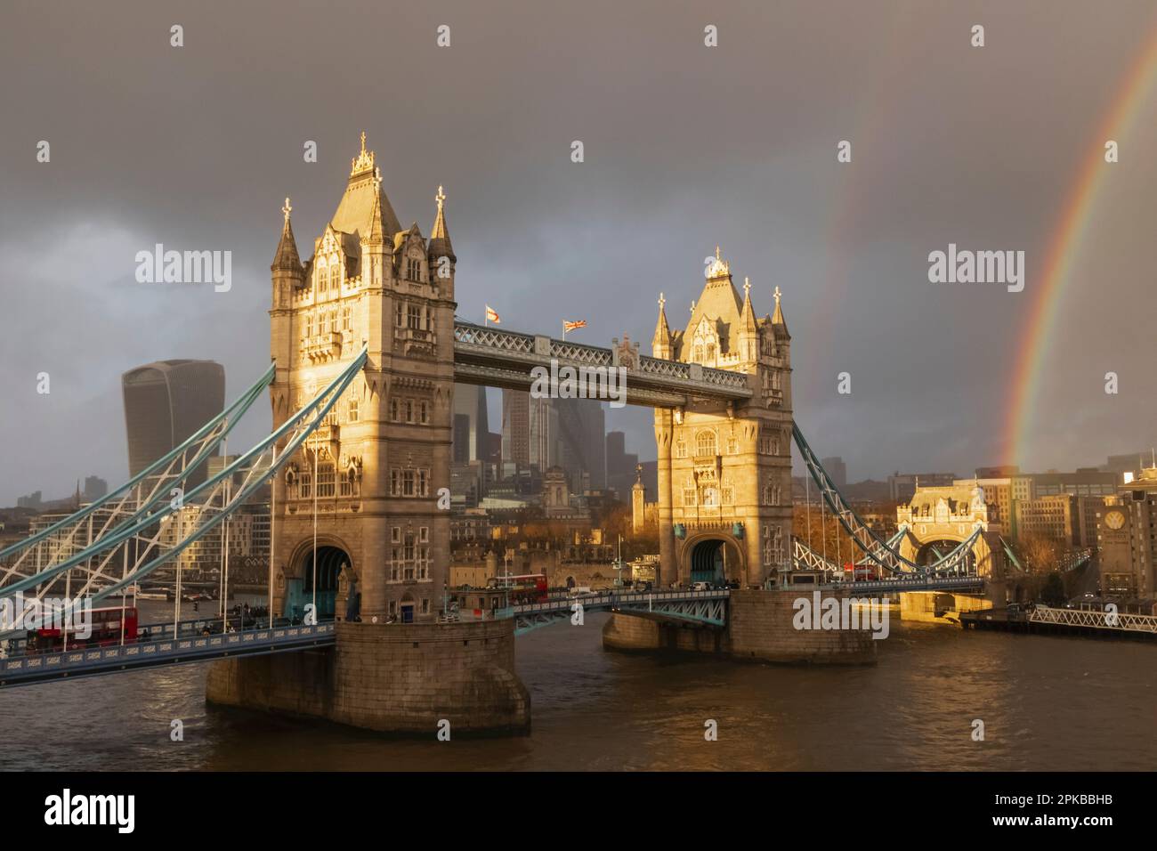 England, London, Winter View of Tower Bridge and Rainbow Stock Photo