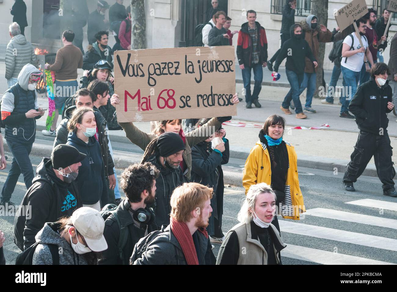 Paris, France, 06th April, 2023. Young people protest with placard in reference to may 68 - Jacques Julien/Alamy Live News Stock Photo