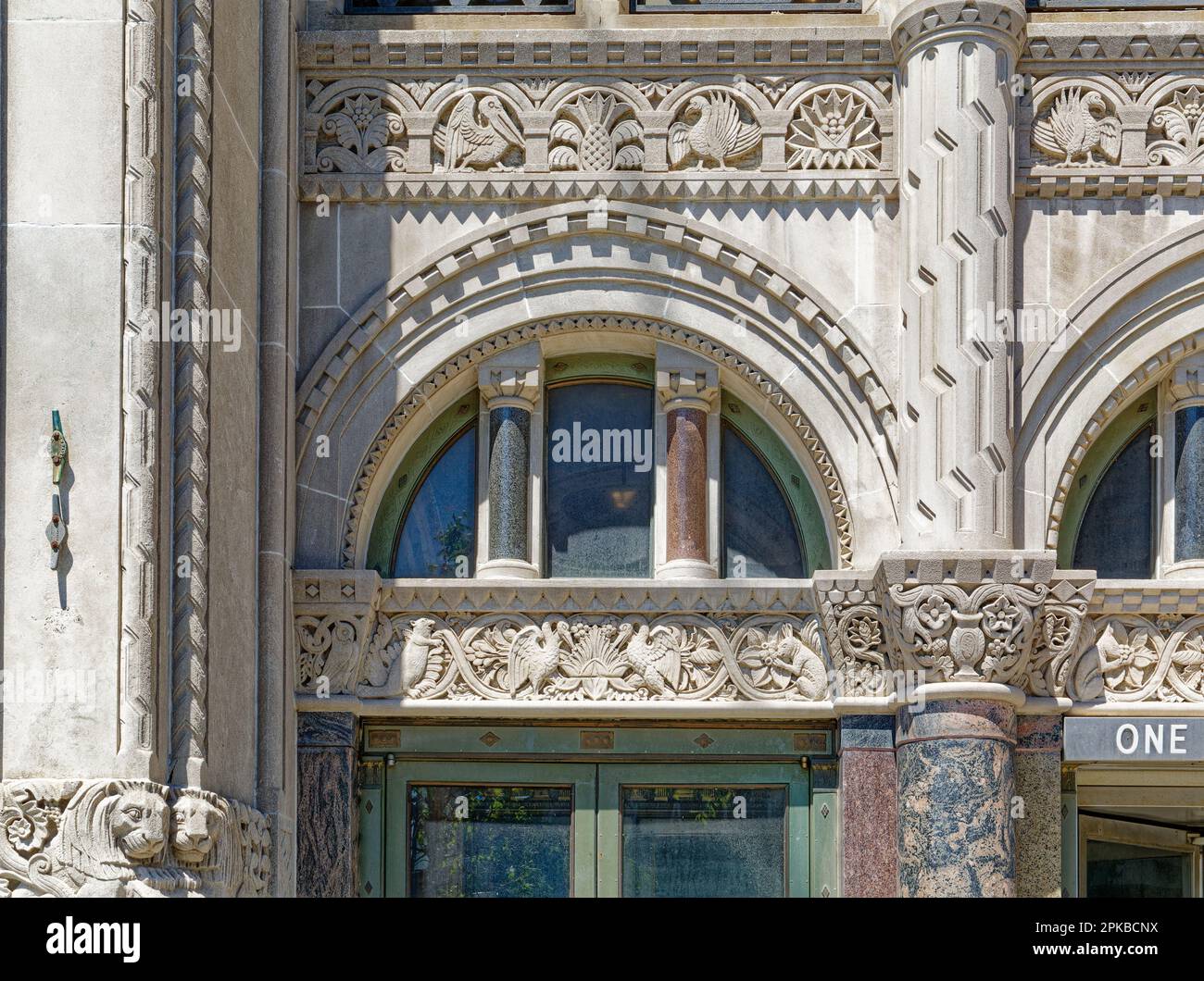 Williamsburgh Savings Bank’s limestone base is richly carved with