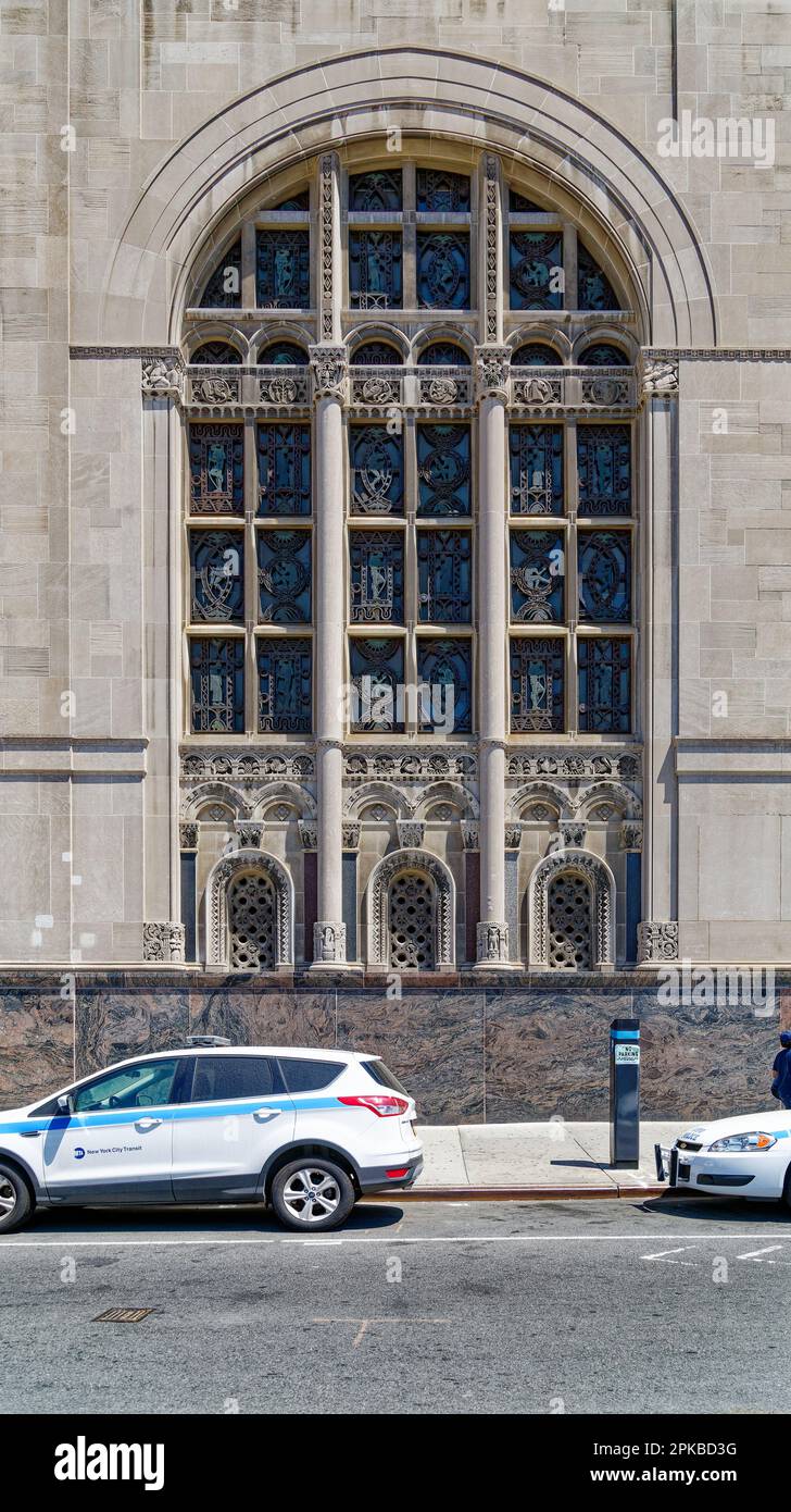 Williamsburgh Savings Bank’s limestone base is richly carved with savings and banking symbols