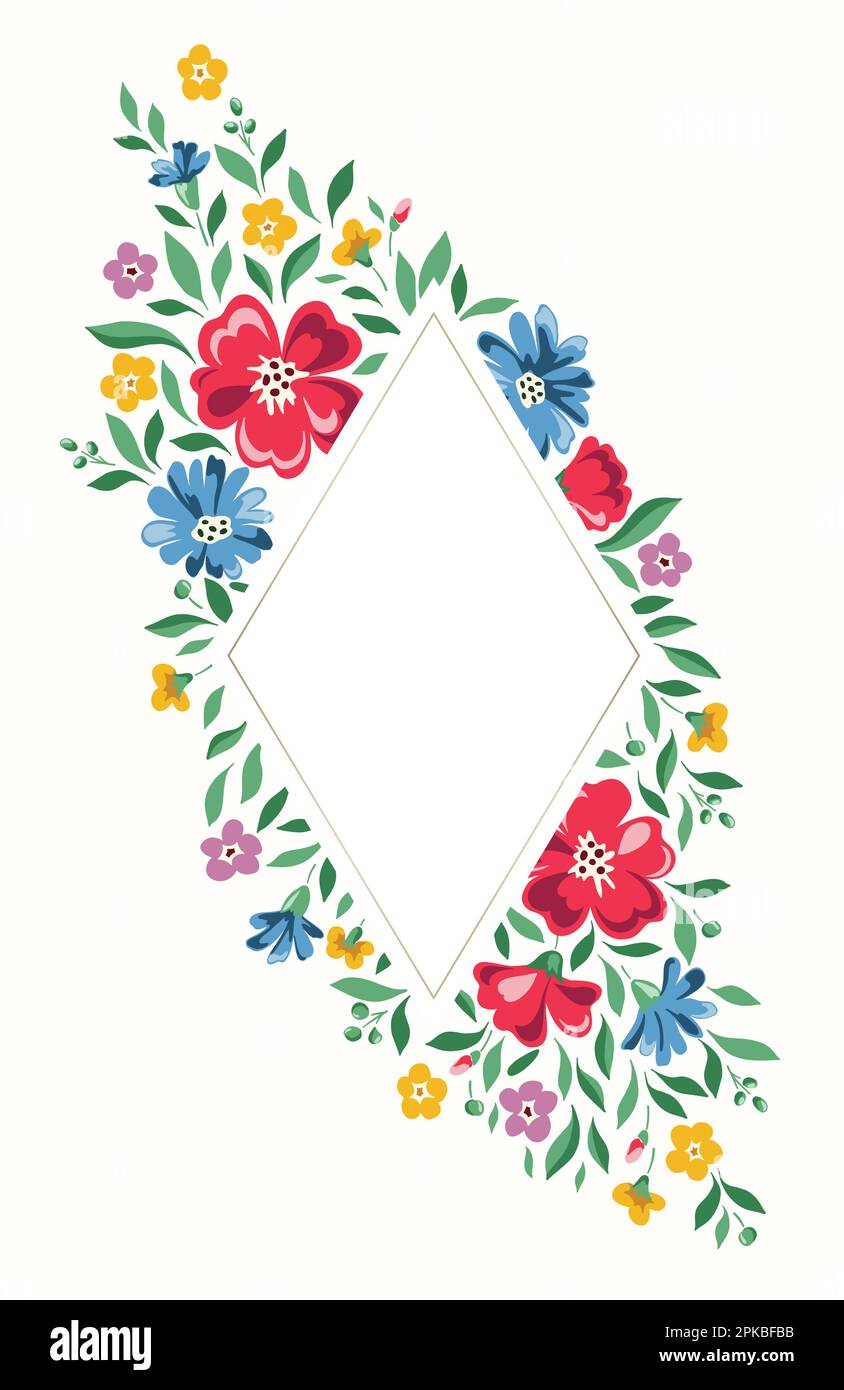 Bright Chintz Romantic Meadow Wildflowers Vector Diamond Frame Stock Vector