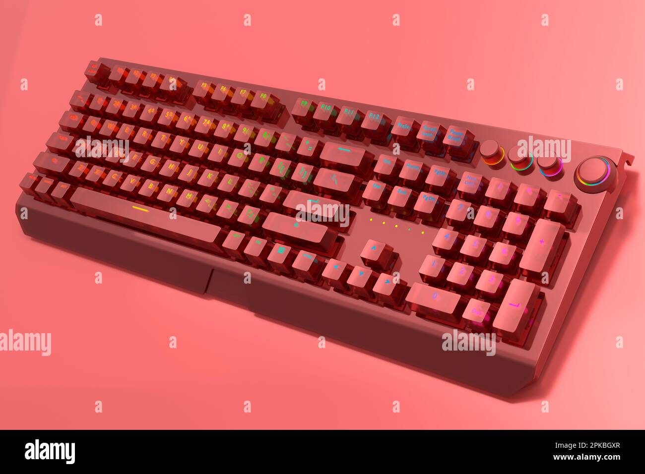 Realistic computer keyboard with red chrome texture isolated on red ...